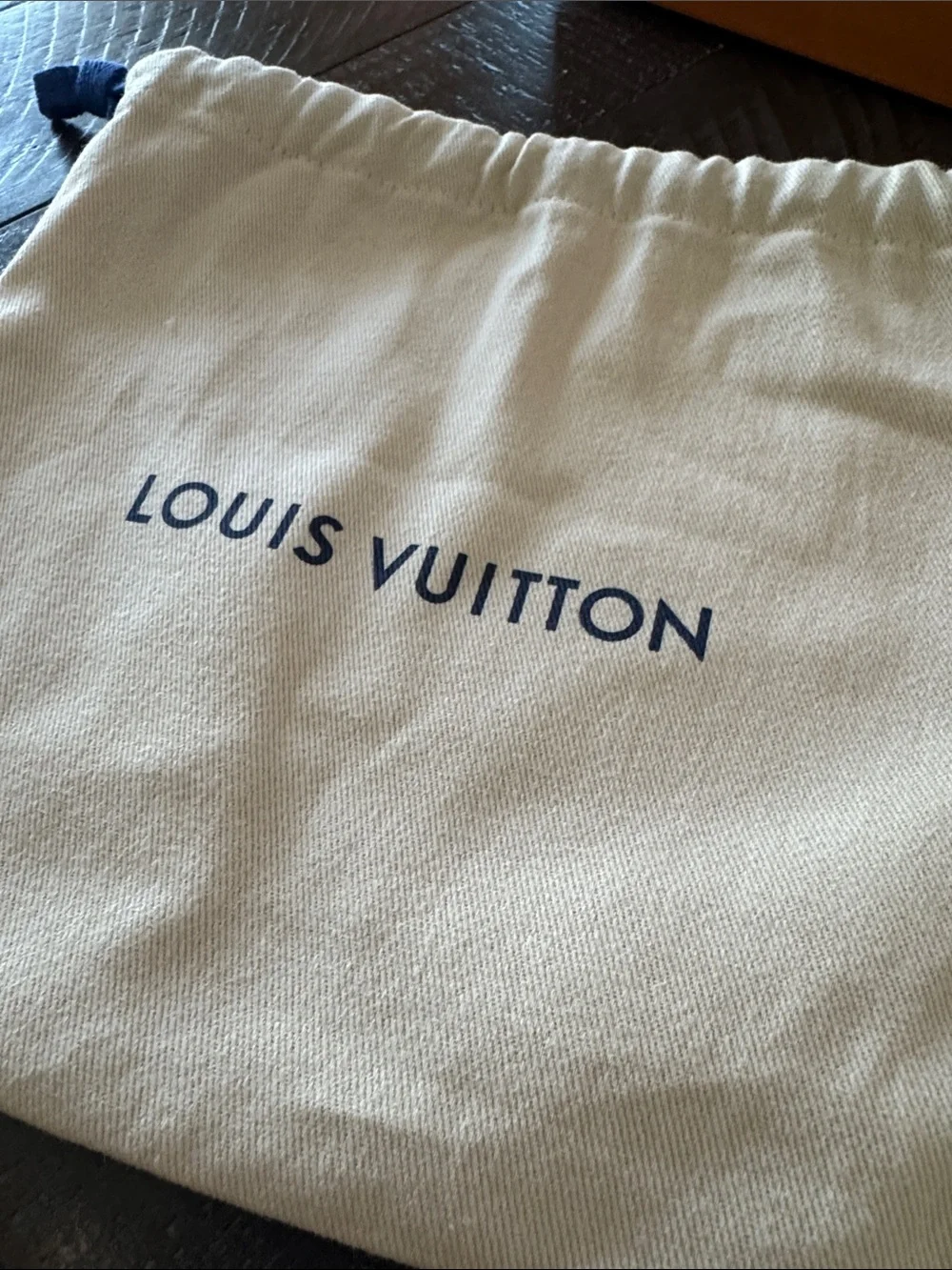Louis Vuitton Cream Canvas Drawstring Pouch with Orange Box and Navy Logo